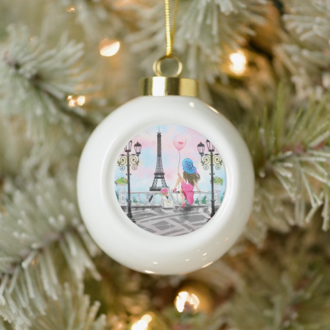 Hübsche Frau und Rosa Herzballon - I Liebe Paris Keramik Kugel-Ornament (Baum)