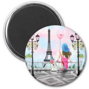Hübsche Frau und Rosa Herzballon - I Liebe Paris Magnet