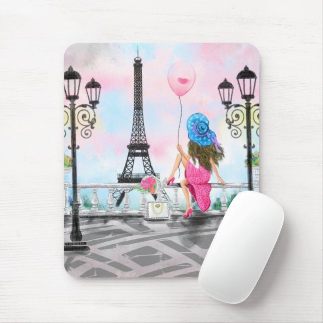 Hübsche Frau und Rosa Herzballon - I Liebe Paris Mousepad (Mit Mouse)