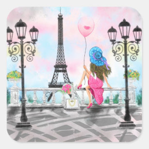 Hübsche Frau und Rosa Herzballon - I Liebe Paris Quadratischer Aufkleber