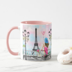 Hübsche Frau und Rosa Herzballon - I Liebe Paris Tasse