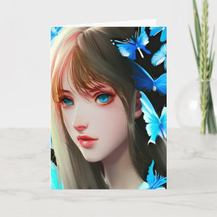 Hübsche Frauen mit blauen Schmetterlingen zum Gebu Karte