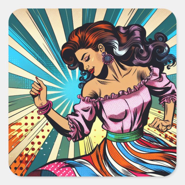 Hübsche Frauentänzerin Salsa Pop Art Quadratischer Aufkleber (Vorderseite)