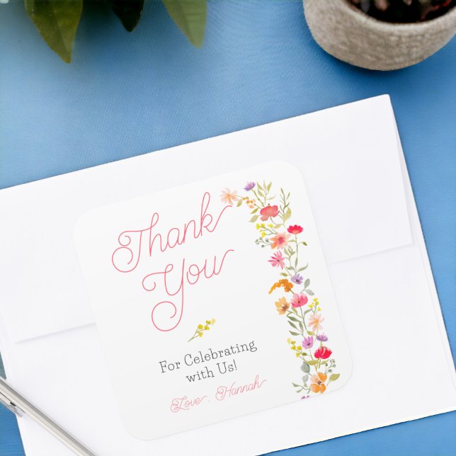 Hübsche Frühling Wildblumen Blumenbridell danke Quadratischer Aufkleber (Pretty spring wildflowers floral bridal thank you square sticker)