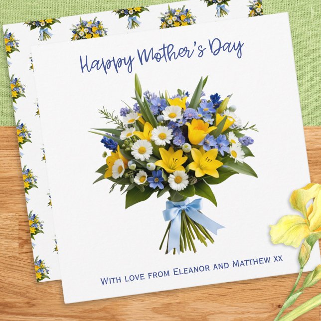 Hübsche Frühlingsblumen Personalisiert Muttertag Karte (A personalized Mother's Day card, with picture of a beautiful hand-tied bouquet of Spring flowers)