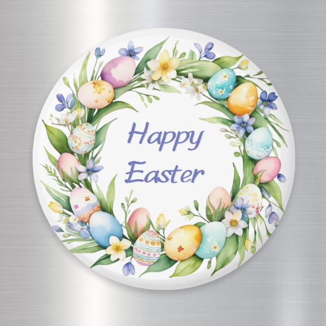 Hübsche Frühlingskreath-Blume Eier Happy Oaster Magnet (A pretty magnet with 'Happy Easter' greeting and watercolor-style wreath with eggs and Spring blooms)