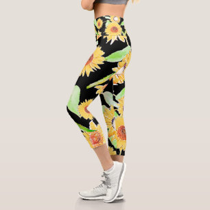 Hübsche Gelb- und Schwarz-Sonnenblumen Wasserfarbe Capri Leggings