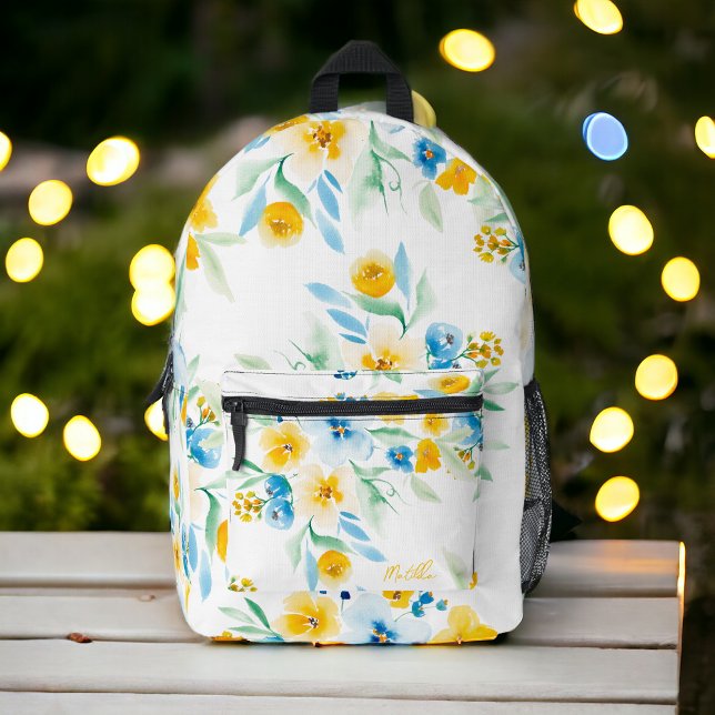 Hübsche gelbe Blume Bedruckter Rucksack (Pretty yellow blue wild flower name floral pattern printed backpack)