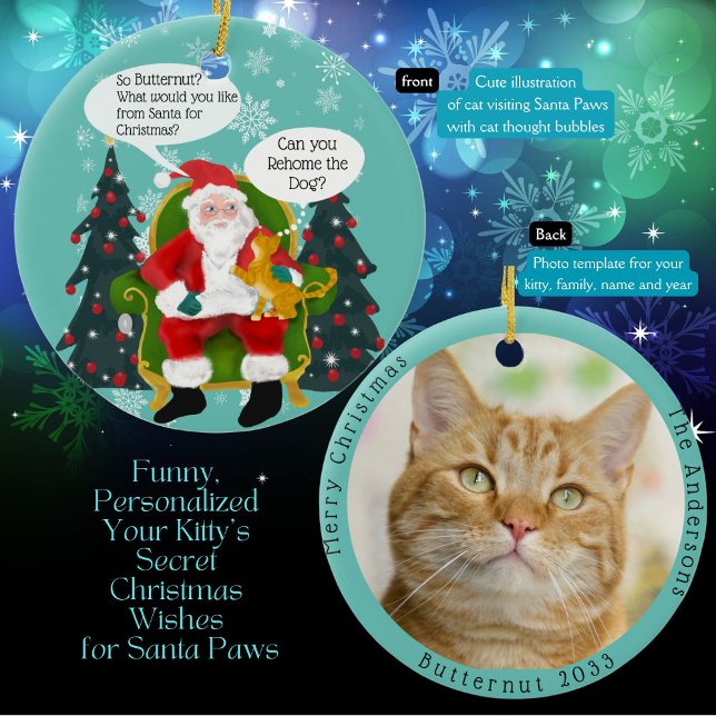 Hübsche Gelbe Katze Besuchen Santa mit Unglaublich Keramik Ornament (Orange Tabby Cat tells Santa Paws she wants ? for Christmas? Add her special wishes and picture)