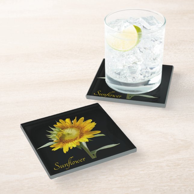 Hübsche gelbe Sonnenblume auf schwarz Glasuntersetzer (Schrägansicht)