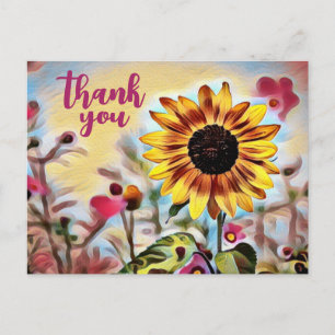 Hübsche Gelbe Sonnenblumen und rosa Blume Danke Postkarte