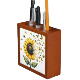 HÜBSCHE GELBE SONNENBLUMEN UND SCHALTFLÄCHEN STIFTHALTER