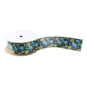 Hübsche gelbe und blaue Retro-Blumen Satinband