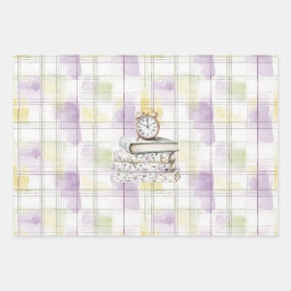 Hübsche gelbe violette Blumenbücher Uhr Geburtstag Geschenkpapier Set