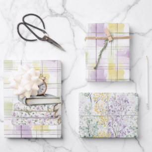 Hübsche gelbe violette Blumenbücher Uhr Geburtstag Geschenkpapier Set