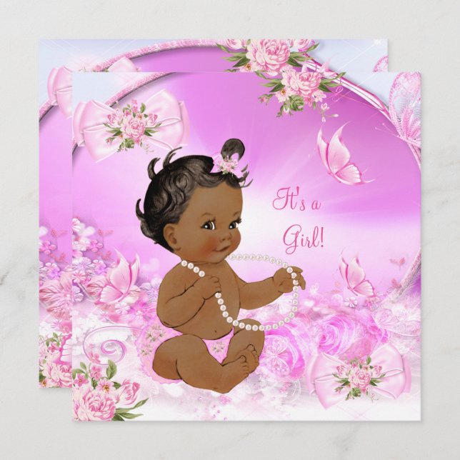 Hübsche Girl Baby Dusche Rosa Butterfly Ethnisch Einladung (Vorne/Hinten)