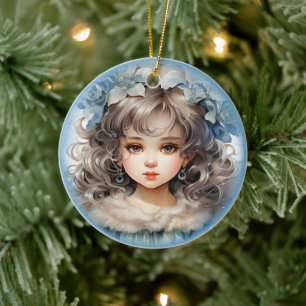 Hübsche Girl Doll Altes Portrait und Blume Keramik Ornament