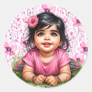Hübsche Girl's Floral Pink Babydusche Runder Aufkleber