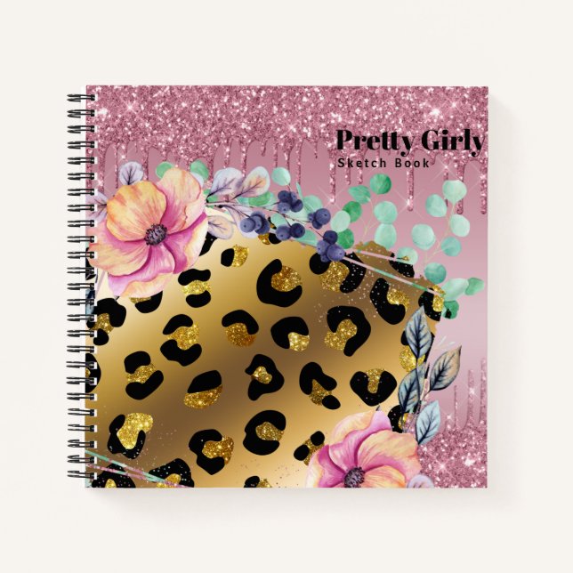 Hübsche Girly Animal Print Gold Glitzer Gezeichnet Notizbuch (Vorderseite)