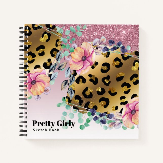 Hübsche Girly Animal Print Gold Glitzer Gezeichnet Notizbuch (Vorderseite)