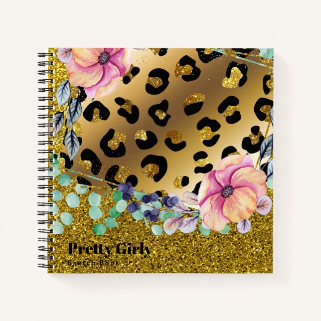 Hübsche Girly Animal Print Gold Glitzer Gezeichnet Notizbuch (Vorderseite)