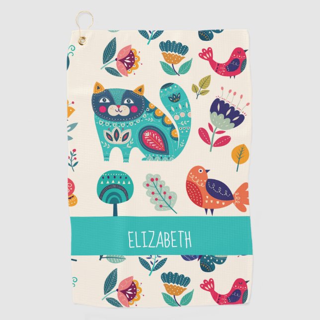 Hübsche Girly Cats Folk Art Add NAME Golfhandtuch (Vorderseite)