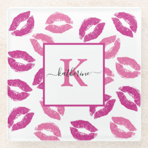 Hübsche Girly Hot Pink Lippen Kisses Monogramm Na Glasuntersetzer