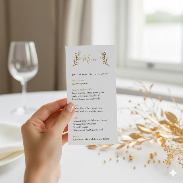 Hübsche Goldeffektblätter Hochzeitsmenü Menükarte (Gold leafy wedding menu)