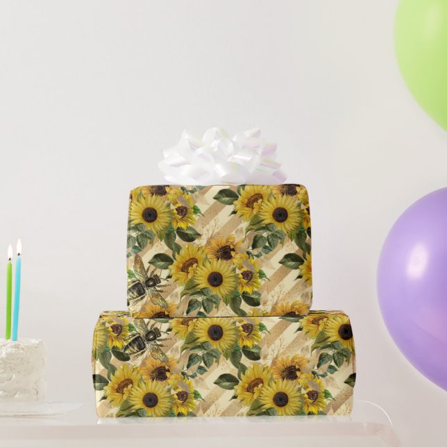 Hübsche Goldgelbe Sonnenblume Bouquet Stripe Biene Geschenkpapier (Partygeschenke)