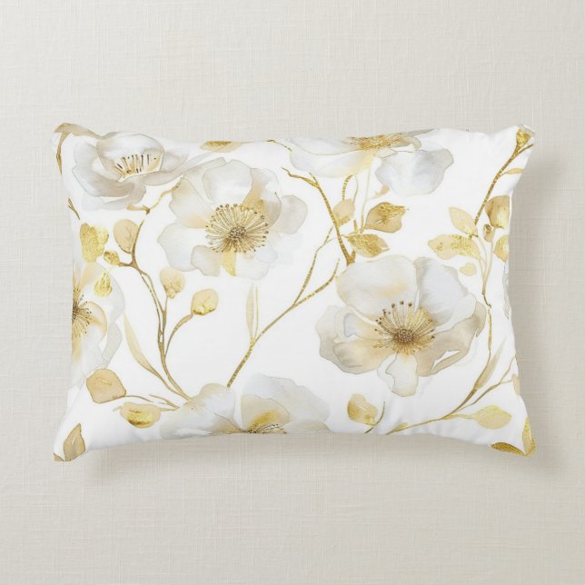 Hübsche Goldweiße Blumen Dekokissen (Vorderseite)