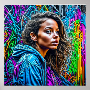 Hübsche Graffiti-Strassenkunst Farbige Frau Blanko Poster