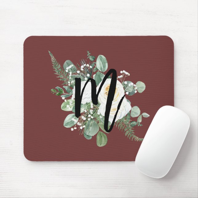 Hübsche graue Blume Monogram Burgundy Mousepad (Mit Mouse)