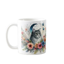 Hübsche graue Katzenporträt-Tasse mit Blumen