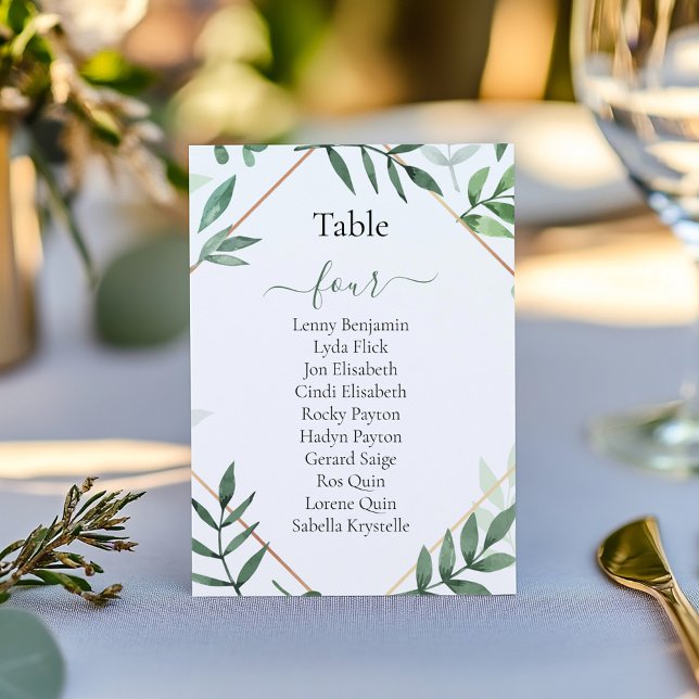 Hübsche grüne Blätter Tischnummer Sitzplan (Pretty green leaves, geometric border wedding reception party table number, seating chart)