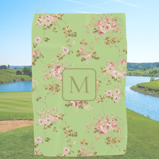 Hübsche grüne Blumen Damen-Monogramm  Golfhandtuch (Von Creator hochgeladen)