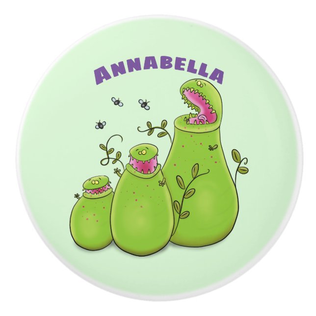 Hübsche grüne Fleischfresser-Pflanze Cartoon Keramikknauf (Vorderseite)