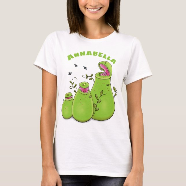 Hübsche grüne Fleischfresser-Pflanze Cartoon T-Shirt (Vorderseite)