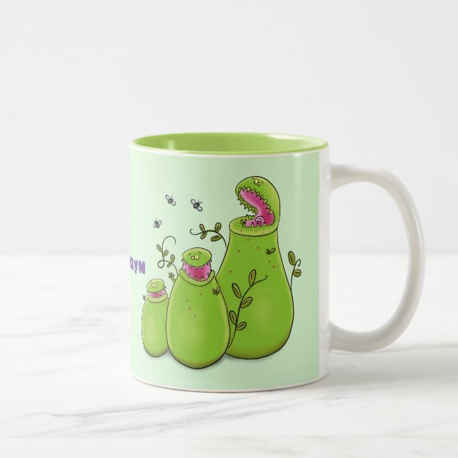 Hübsche grüne Fleischfresser-Pflanze Cartoon Zweifarbige Tasse (Rechts)
