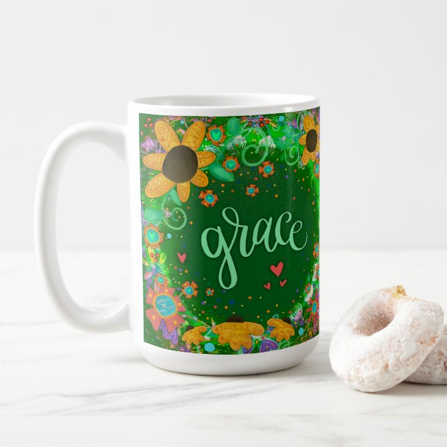 Hübsche Grüne Grace Inspiriere Ein-Wort-Kunst Kaffeetasse (Mit Donut)