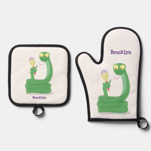 Hübsche grüne Schlange mit Maraca-Cartoon Ofenhandschuh & Topflappen-Set