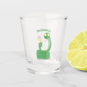 Hübsche grüne Schlange mit Maraca-Cartoon Schnapsglas