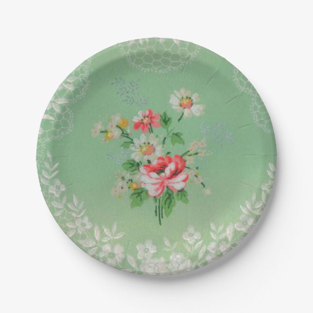 Hübsche grüne Teller mit rosa Blumenmuster Tapete (Vorderseite)