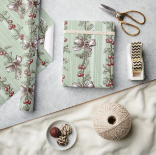 Hübsche grüne Toile-Weihnachtsbeeren und -schleife Geschenkpapier