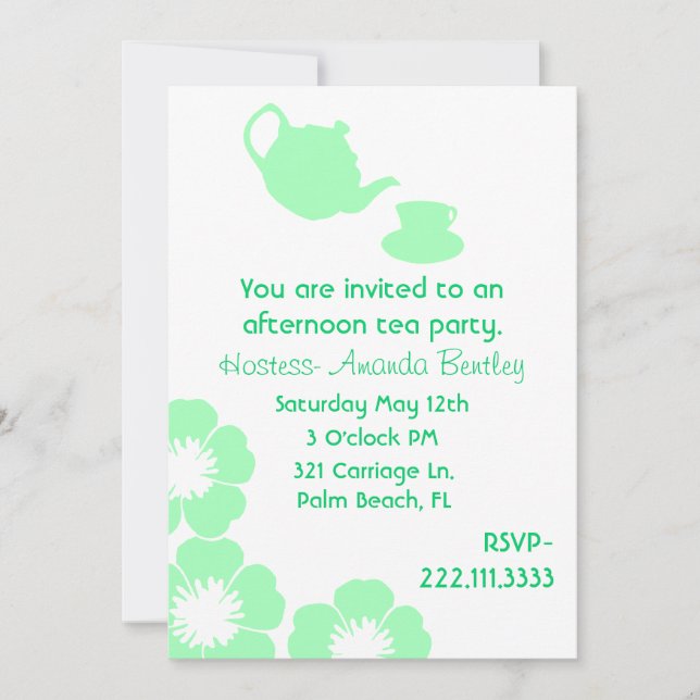 Hübsche grüne und weiße Tee-Party Einladung (Vorderseite)