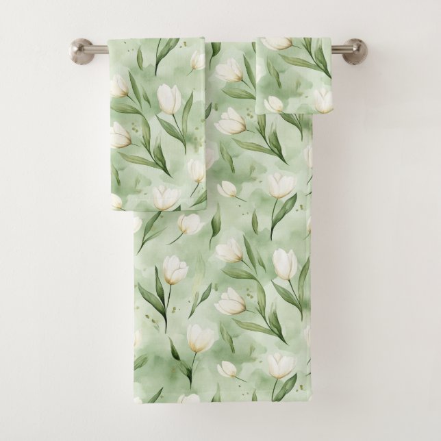 Hübsche Grüne Weiße Tulpen   Badhandtuch Set (Insitu)
