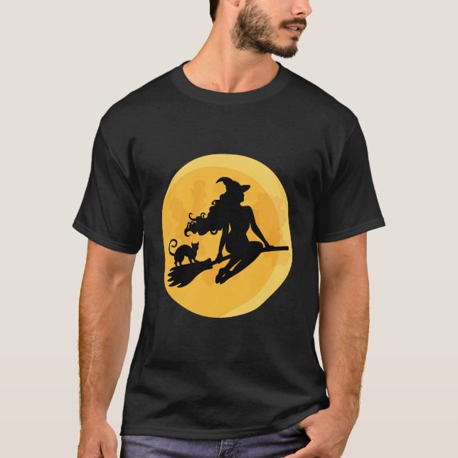 Hübsche Halloween Hexe und Katze T-Shirt (Vorderseite)