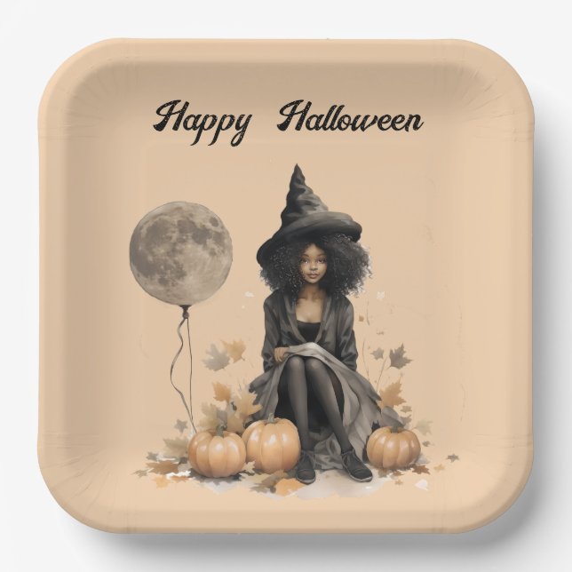 Hübsche Halloween-Hexe und Vollmond-Ballon Pappteller (Vorderseite)