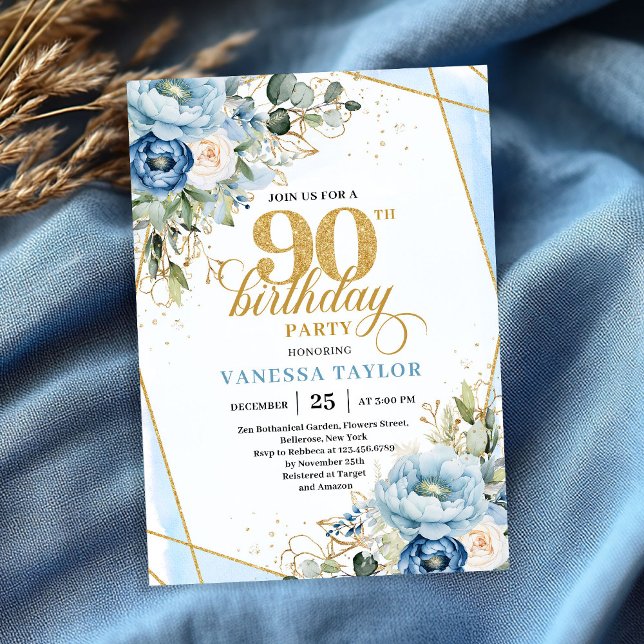 Hübsche hellblaue goldene Blumen zum 90. Geburtsta Einladung (Lovely pale blue gold florals 90th birthday celebration)
