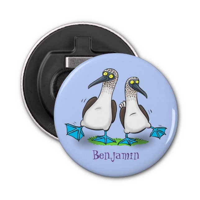 Hübsche, hellblaufüßige Boobies tanzen Cartoon Flaschenöffner (Vorderseite)