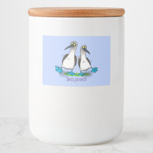 Hübsche, hellblaufüßige Boobies tanzen Cartoon Lebensmitteletikett